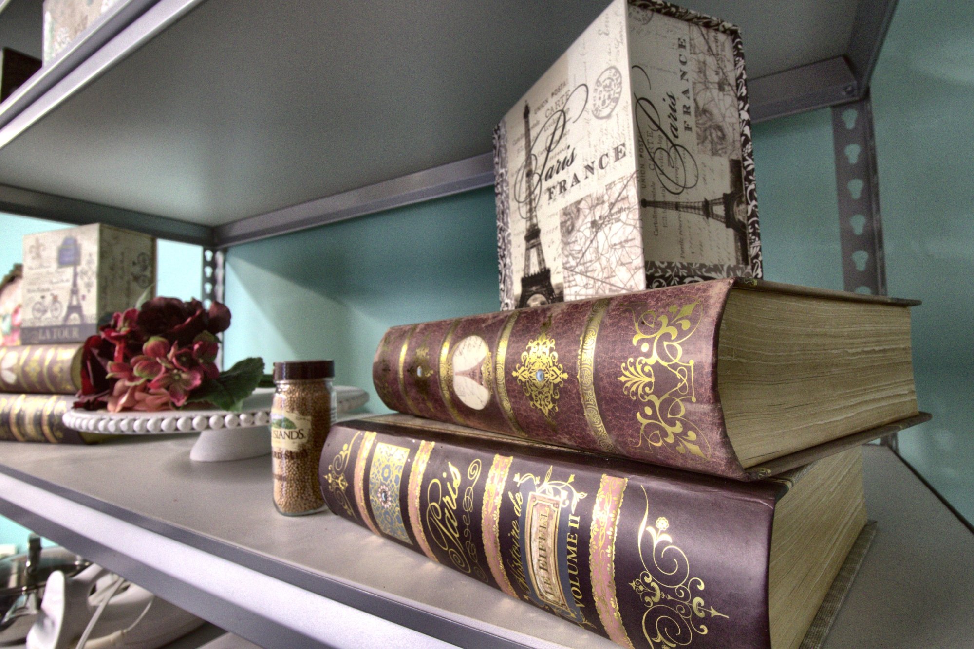 Paris-themed decor styled on the bakery's shelving